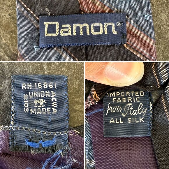 Vintage Damon Silk Tie Black Blue Rust Striped 56in Length Union Made in the US - Picture 4 of 6
